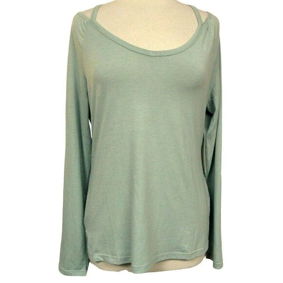 Layer 8 Pullover Top LS Hi-Low Shoulder Cut-Out Tee GreenJuniper Sz S NEW - Picture 1 of 7